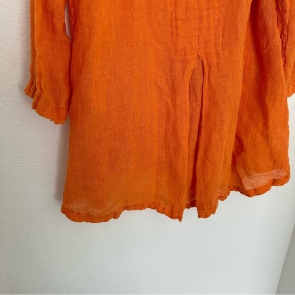 FLAX Woodstock Flowy Linen Blouse Orange V Neck Size Small Women’s 3/4 Sleeves - Picture 4 of 9